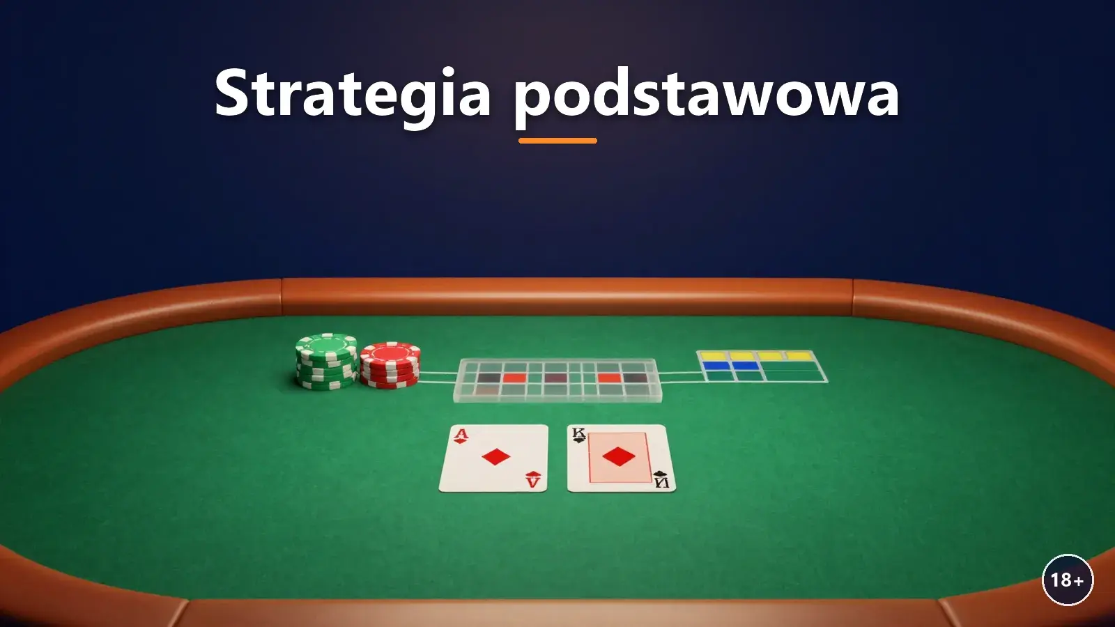 Stół do blackjacka z kartami i tabelą strategii podstawowej
