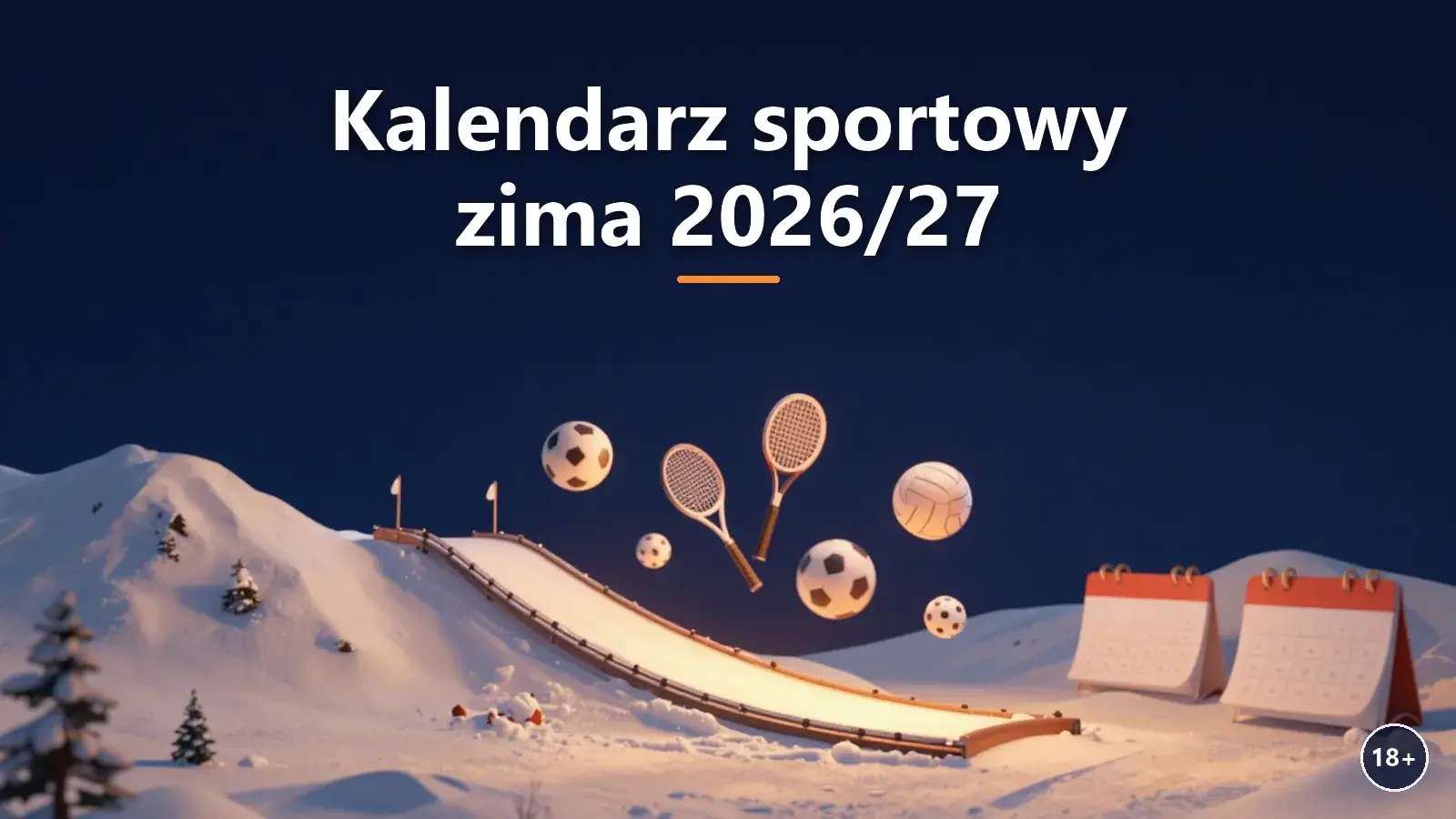 Zimowy kalendarz sportowy ze skocznią narciarską i ikonami dyscyplin