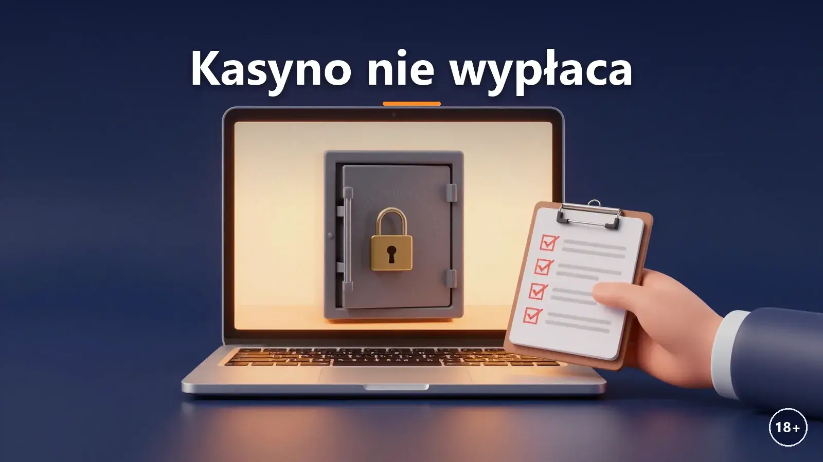 Zablokowany sejf na ekranie laptopa i lista kroków do odzyskania wypłaty
