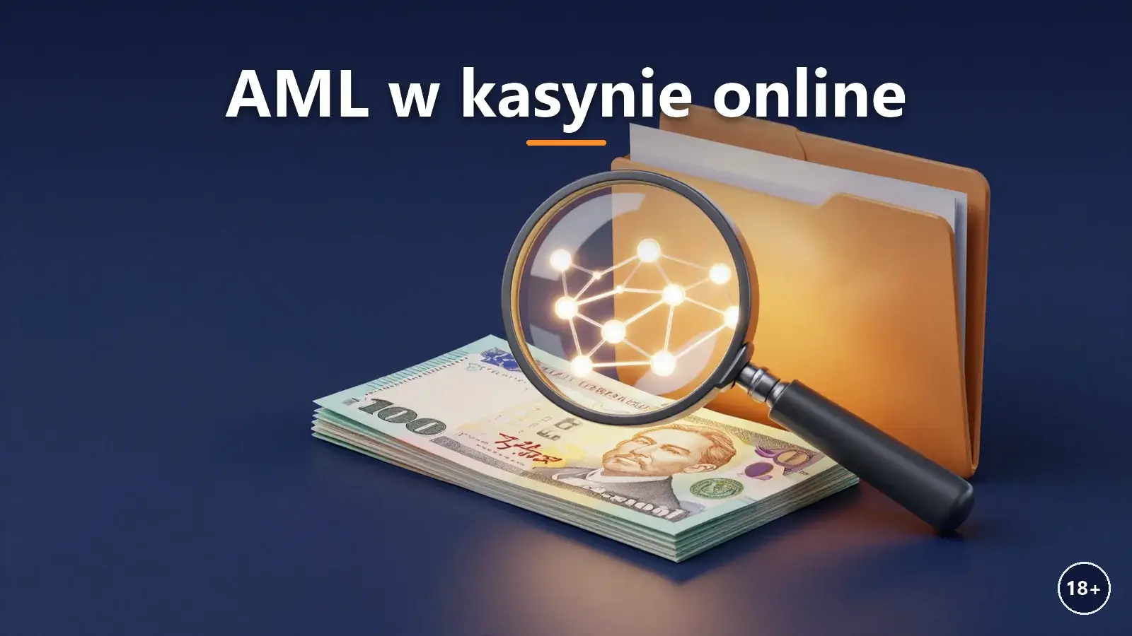 Banknot pod lupą i łańcuch transakcji jako symbol kontroli AML