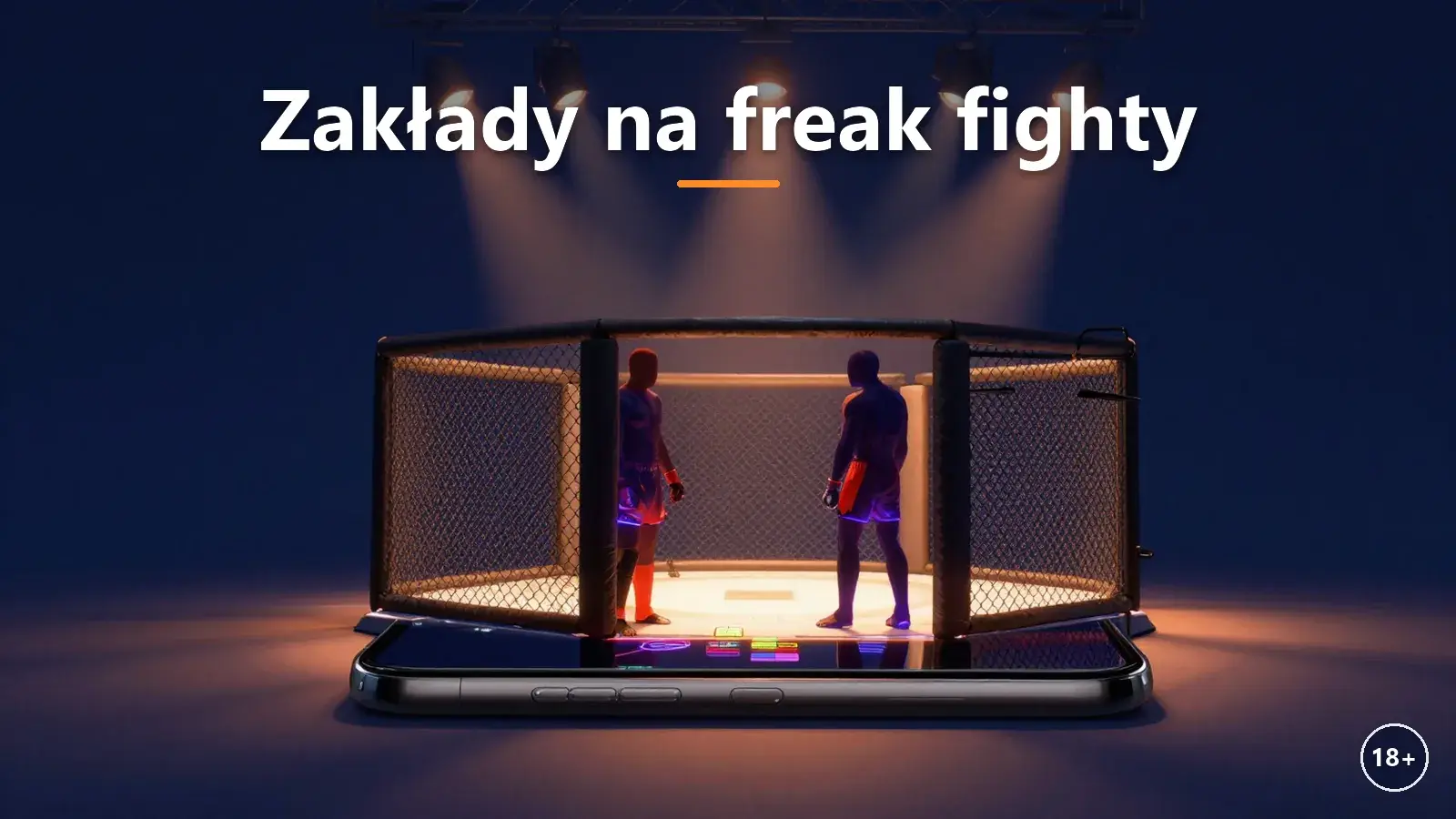 Klatka MMA w światłach reflektorów i kupon zakładu na smartfonie